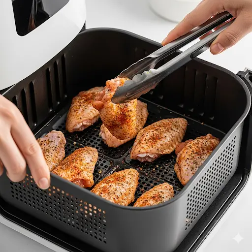 A person arranging seasoned chicken wings in a single layer inside an air fryer basket with tongs