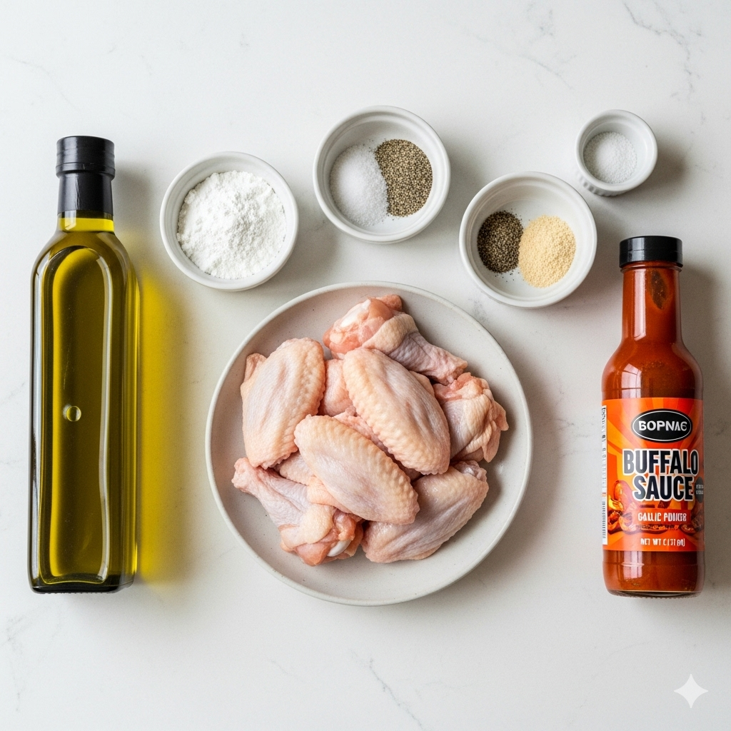 A flat-lay of raw chicken wings and various seasonings for air frying, including baking powder, salt, pepper, and olive oil.