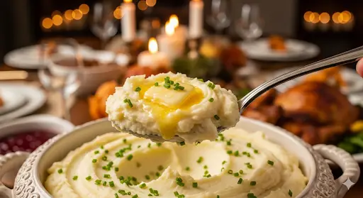 A serving spoon scooping a spoonful of creamy mashed potatoes with melting butter and chives.