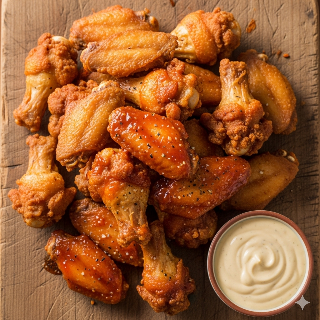 A top-down view of perfectly crispy, golden-brown air-fried chicken wings on a wooden board with dipping sauce.
