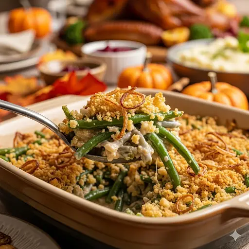 A serving spoon scooping a spoonful of green bean casserole with fresh green beans and a crispy topping.