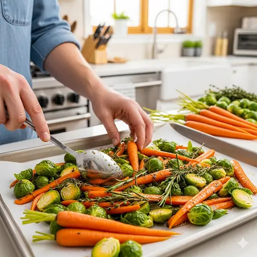 A person's hands preparing a baking sheet with roasted vegetables for Thanksgiving dinner.