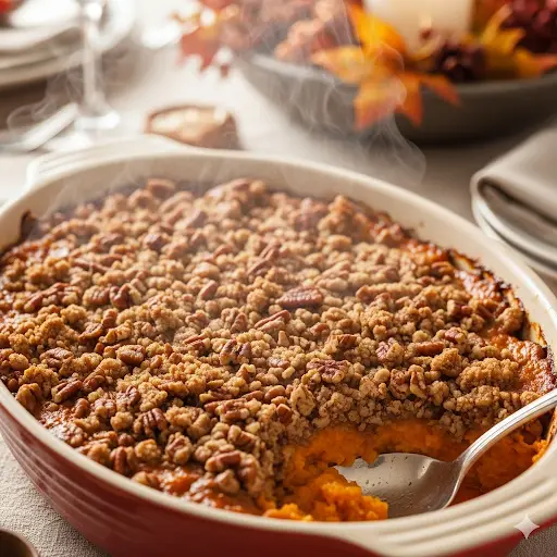 A close-up of a perfectly baked sweet potato casserole with a golden pecan streusel topping.