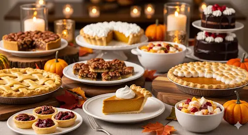 A variety of classic Thanksgiving desserts, including pumpkin pie, apple pie, and sweet potato pie.