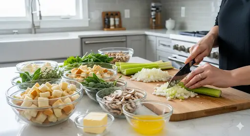 A person's hands prepping Thanksgiving food in an organized, modern kitchen.