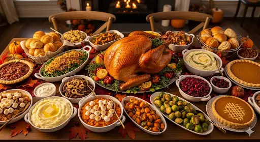 A beautiful, bountiful Thanksgiving table with a variety of delicious side dishes and a roasted turkey.