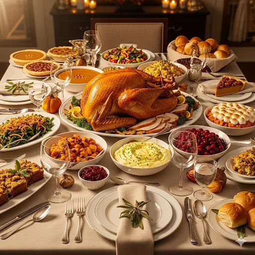 A beautiful, bountiful Thanksgiving table with a variety of delicious side dishes and a roasted turkey