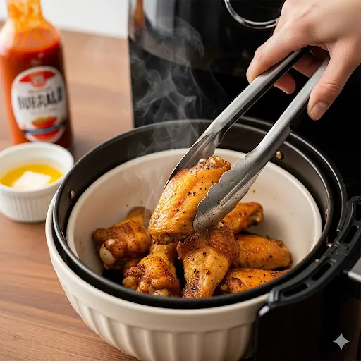 A person using tongs to transfer perfectly cooked air-fried chicken wings from the air fryer basket to a mixing bowl.